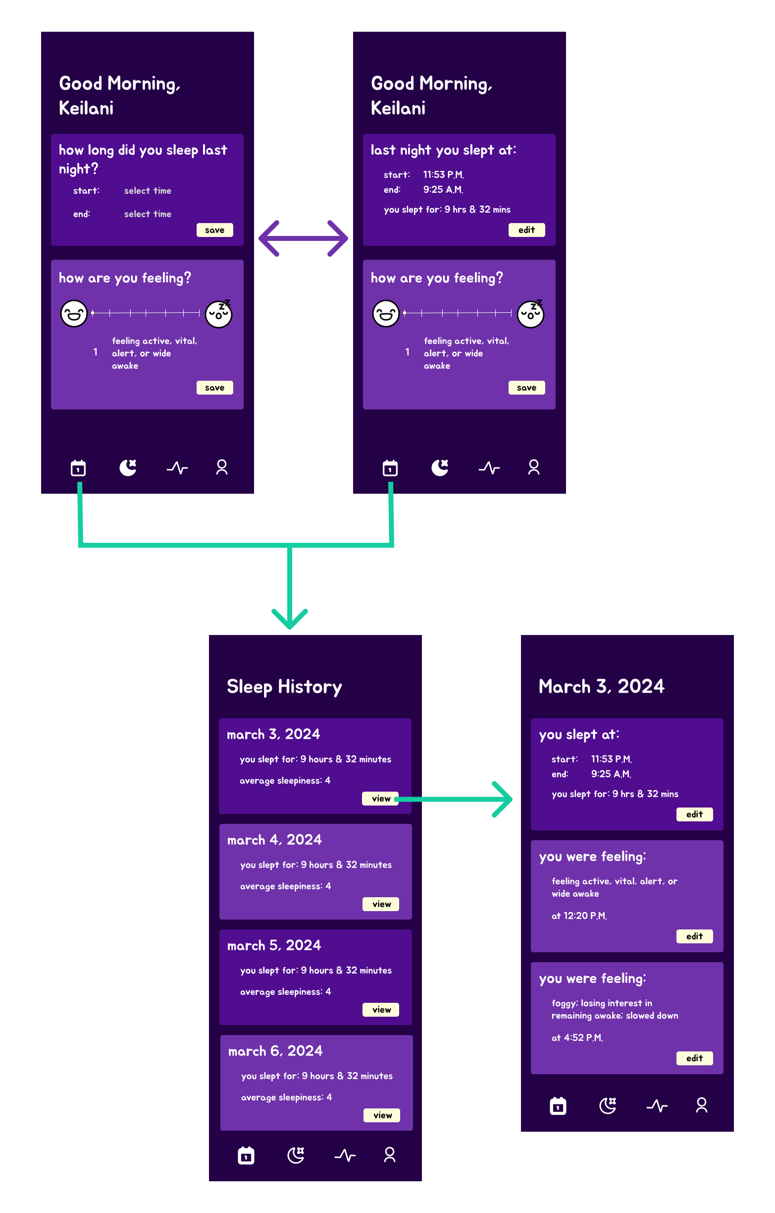 High fidelity mockups of the home and sleep history page.